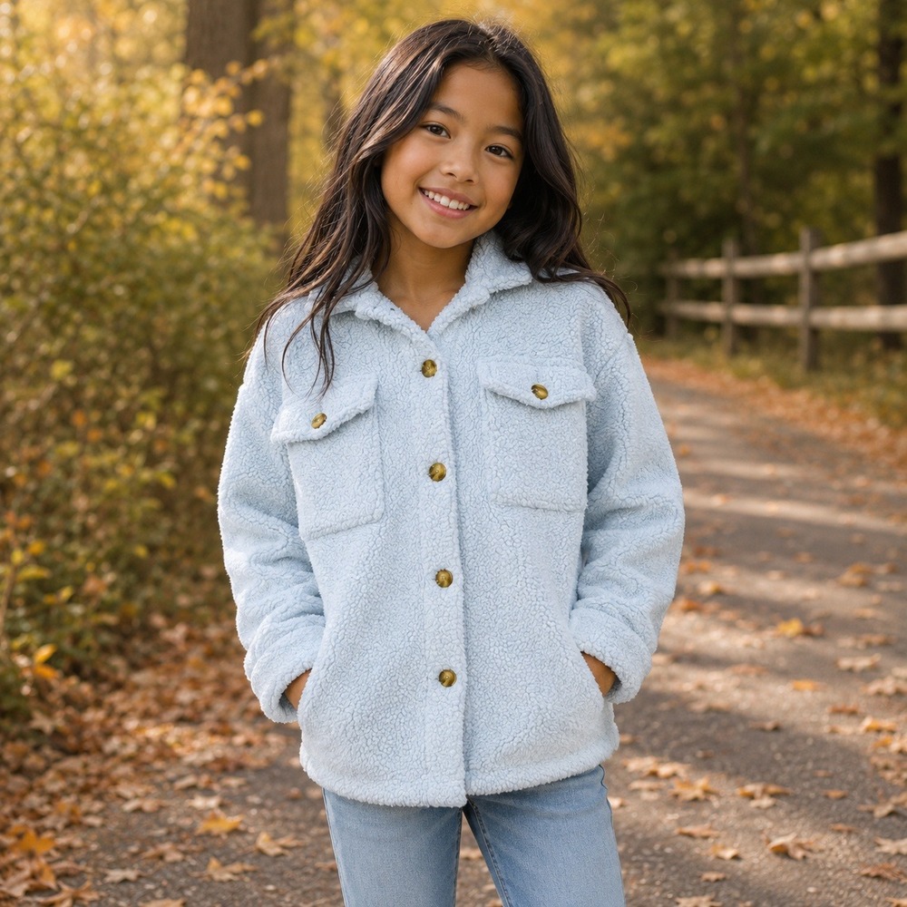 Wallflower Girls Sherpa Fleece Shacket Jacket Light Blue M